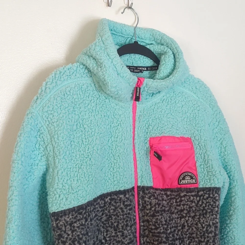 Justice‎ Fleece Blue Gray Full Zip Hooded Sweater Jacket Size L 12/14